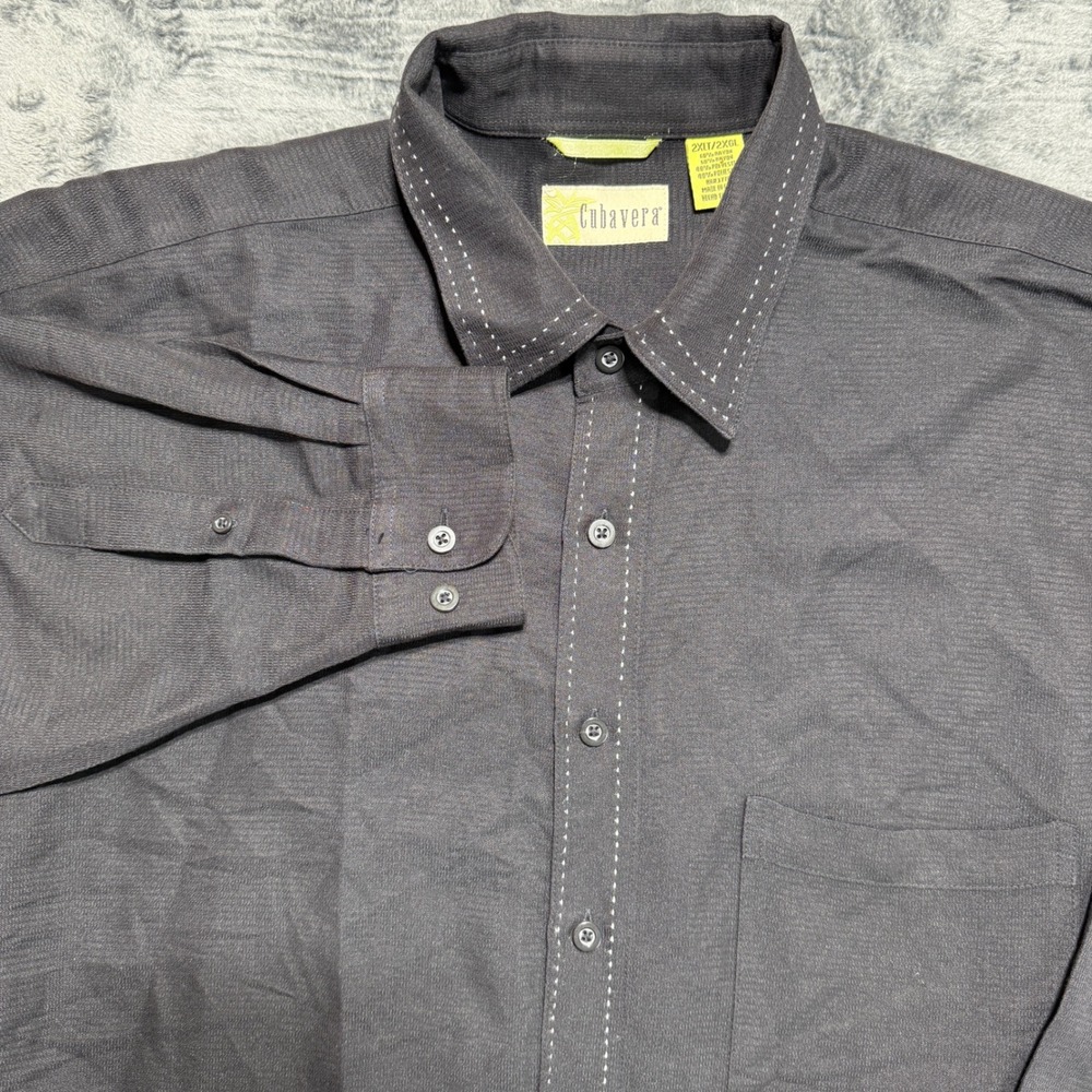 Cubavera Button Down Shirt Mens 2XLT Charcoal Black Long Sleeve Pick Stitch